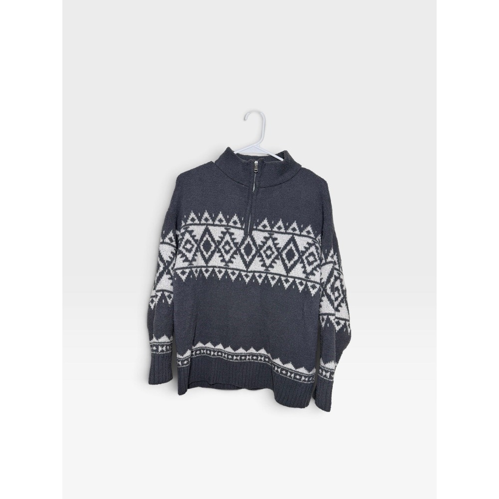 Magnolia Boutique Gray White Aztec 1/4 Zip Fuzzy Sweater Cozy Western Small
